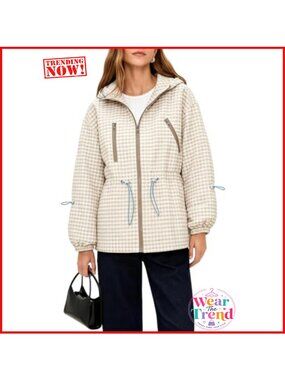 Plaid Waterproof Raincoat Hooded Windbreaker Relaxed Fit